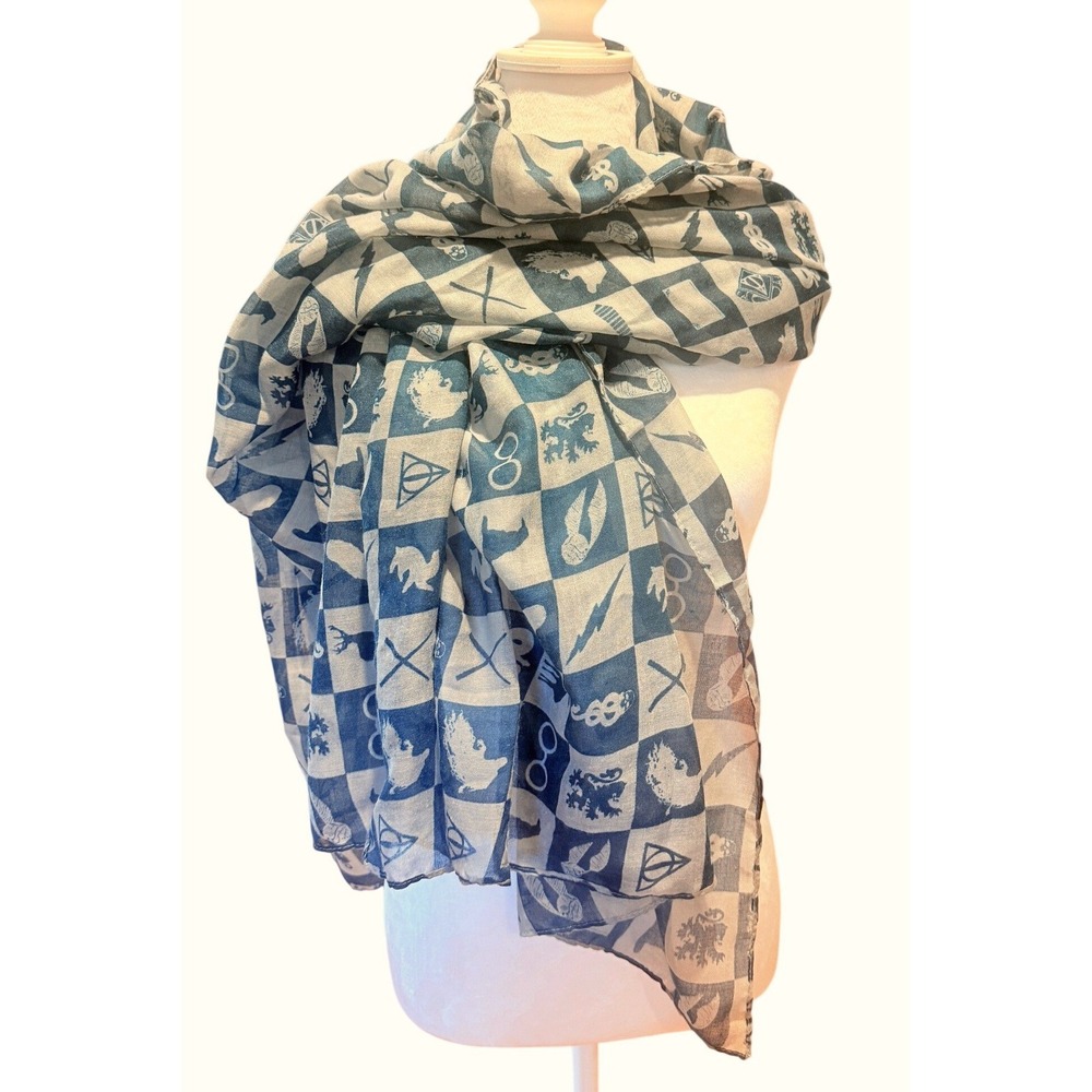 Harry Potter Bioworld Oversized Scarf Blue Hogwarts Symbols 42 x 72 Inch